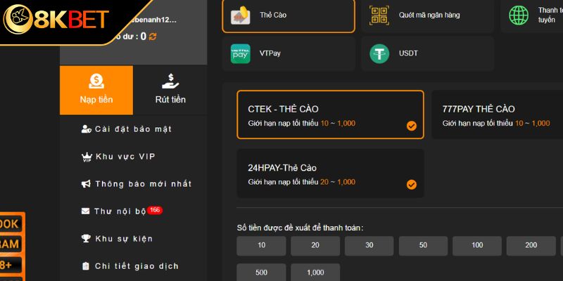 Ưu điểm khi nạp tiền 8KBET